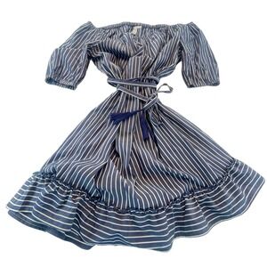 Tacera XL Striped Off Shoulder‎ Dress Ruffle Hem Tie Belt Blue White Boho